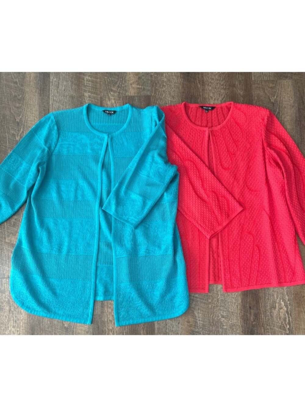 Lot Of 2 Misook Cardigan Sweaters Open Front Knit Textured Turquoise & Pink Size